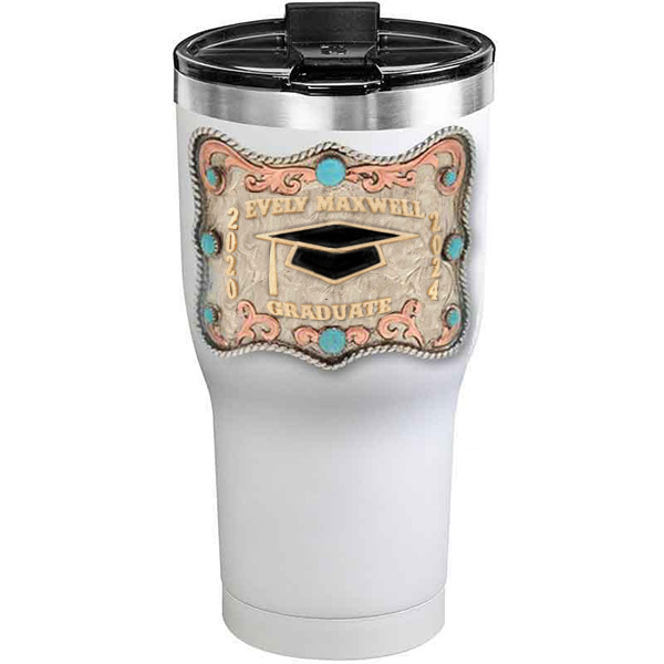 A customized tumbler made of stainless steel with a personalized engraved name and graduate cap figure, 30 oz, ideal for coffee or cool drinks